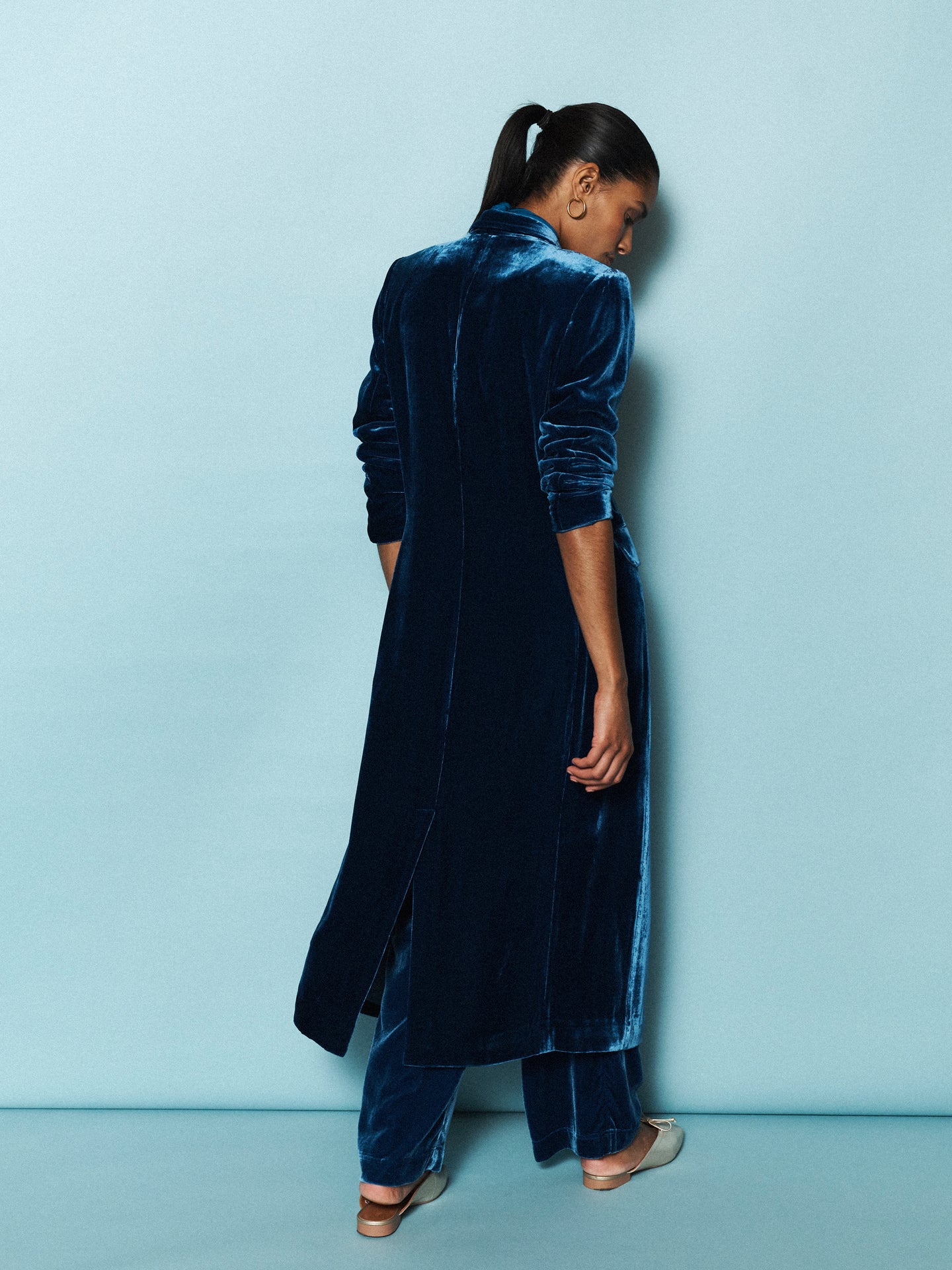 Velvet Opera Coat & Velvet Palazzo Trouser co-ord - Peacock