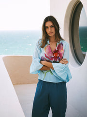 Oleta Silk Orchid Print Top - Silver Blue | NRBY Clothing