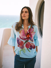 Oleta Silk Orchid Print Top - Silver Blue | NRBY Clothing