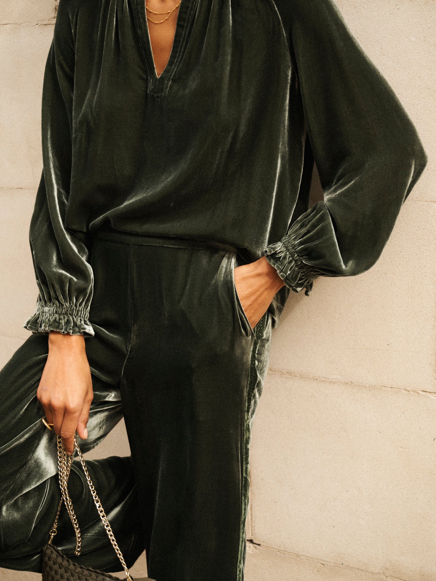 Velvet Top & Velvet Palazzo Side Stripe Trouser Co-ord - Khaki