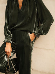 Velvet Top & Velvet Palazzo Side Stripe Trouser Co-ord - Khaki