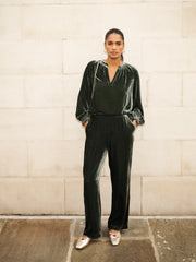 Velvet Top & Velvet Palazzo Side Stripe Trouser Co-ord - Khaki