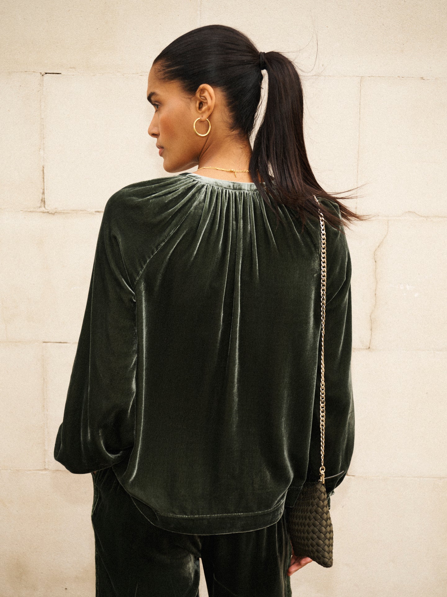 Velvet Top & Velvet Palazzo Side Stripe Trouser Co-ord - Khaki