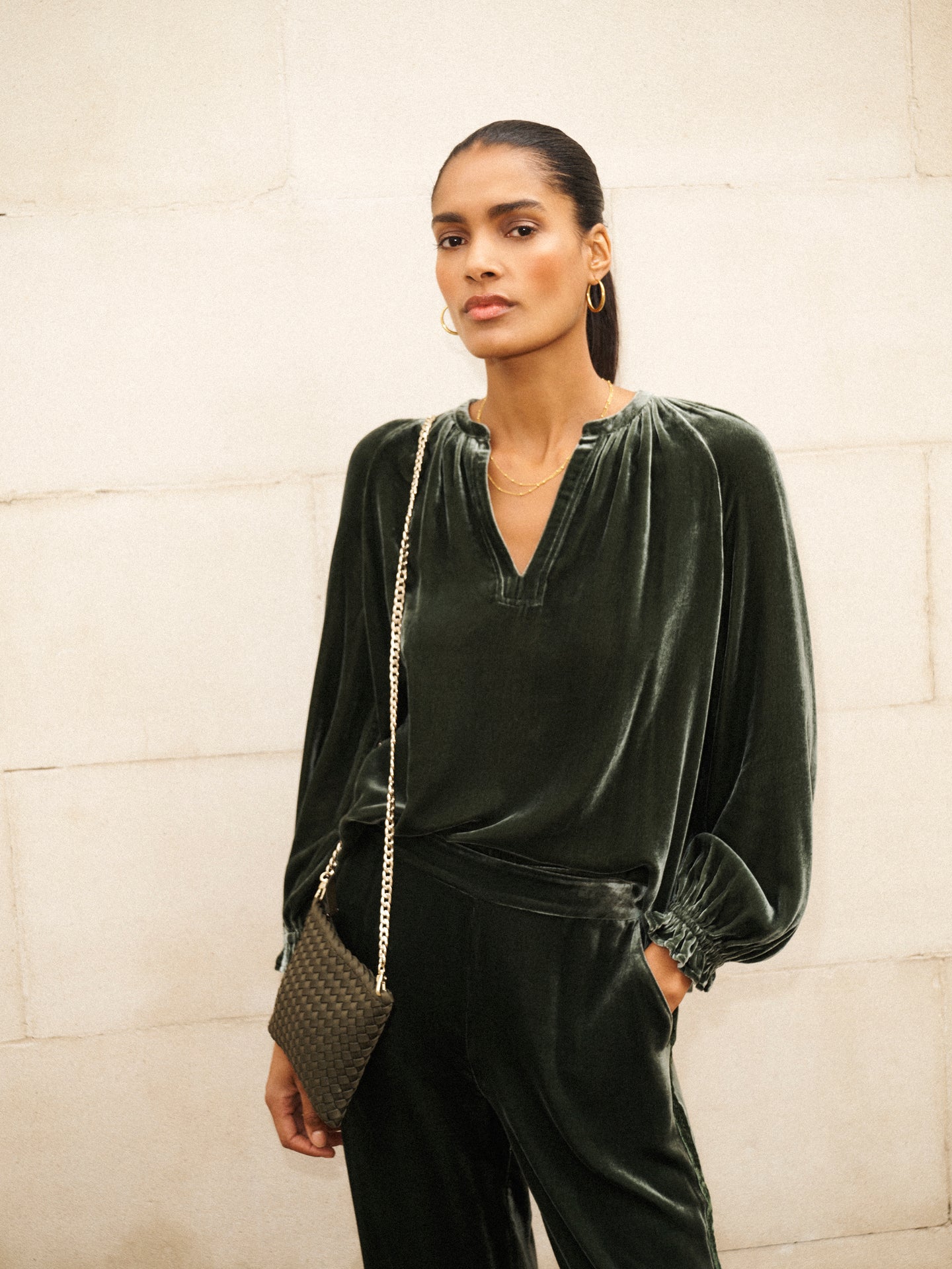 Velvet Top & Velvet Palazzo Side Stripe Trouser Co-ord - Khaki