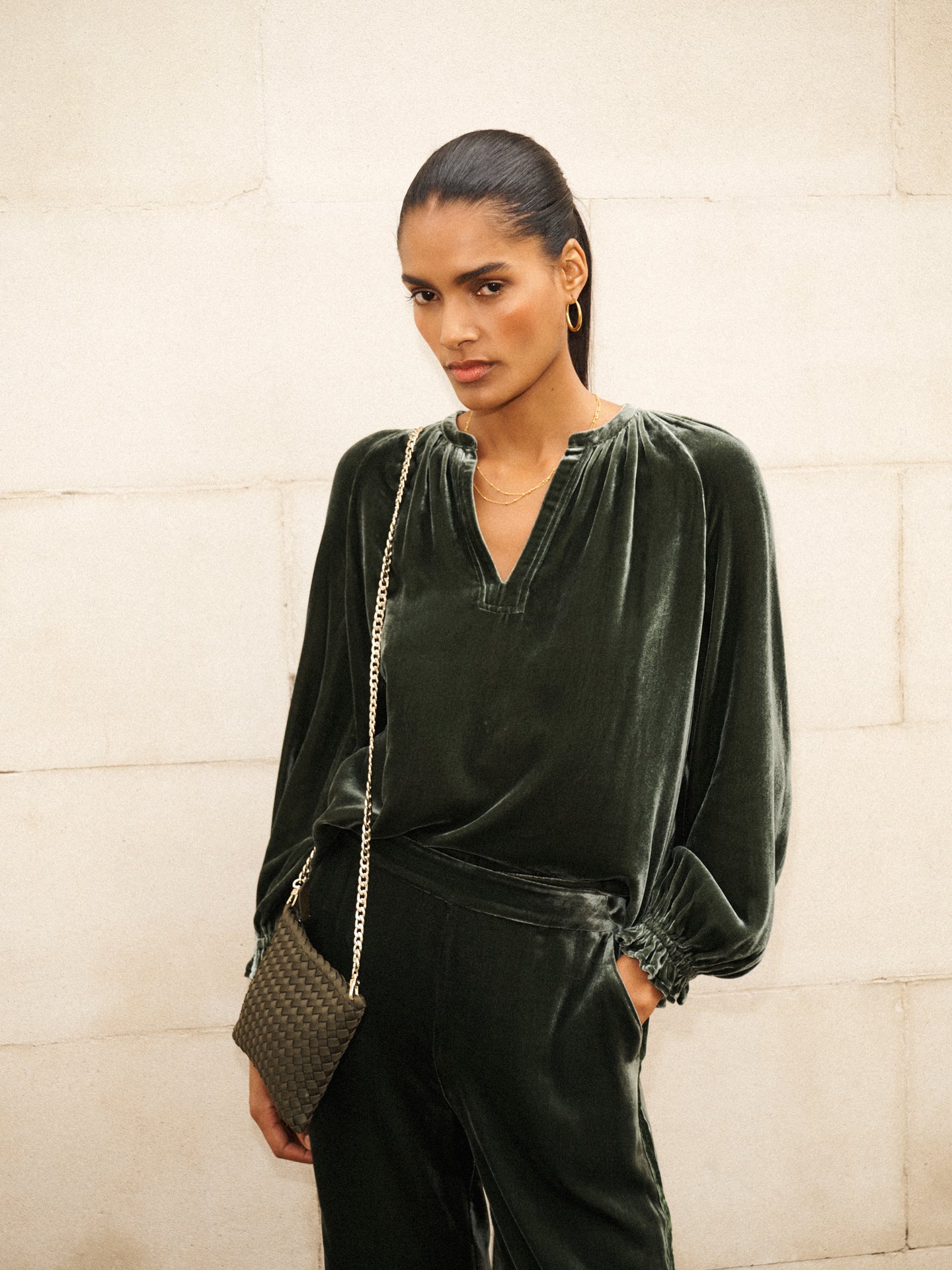 Velvet Top & Velvet Palazzo Side Stripe Trouser Co-ord - Khaki