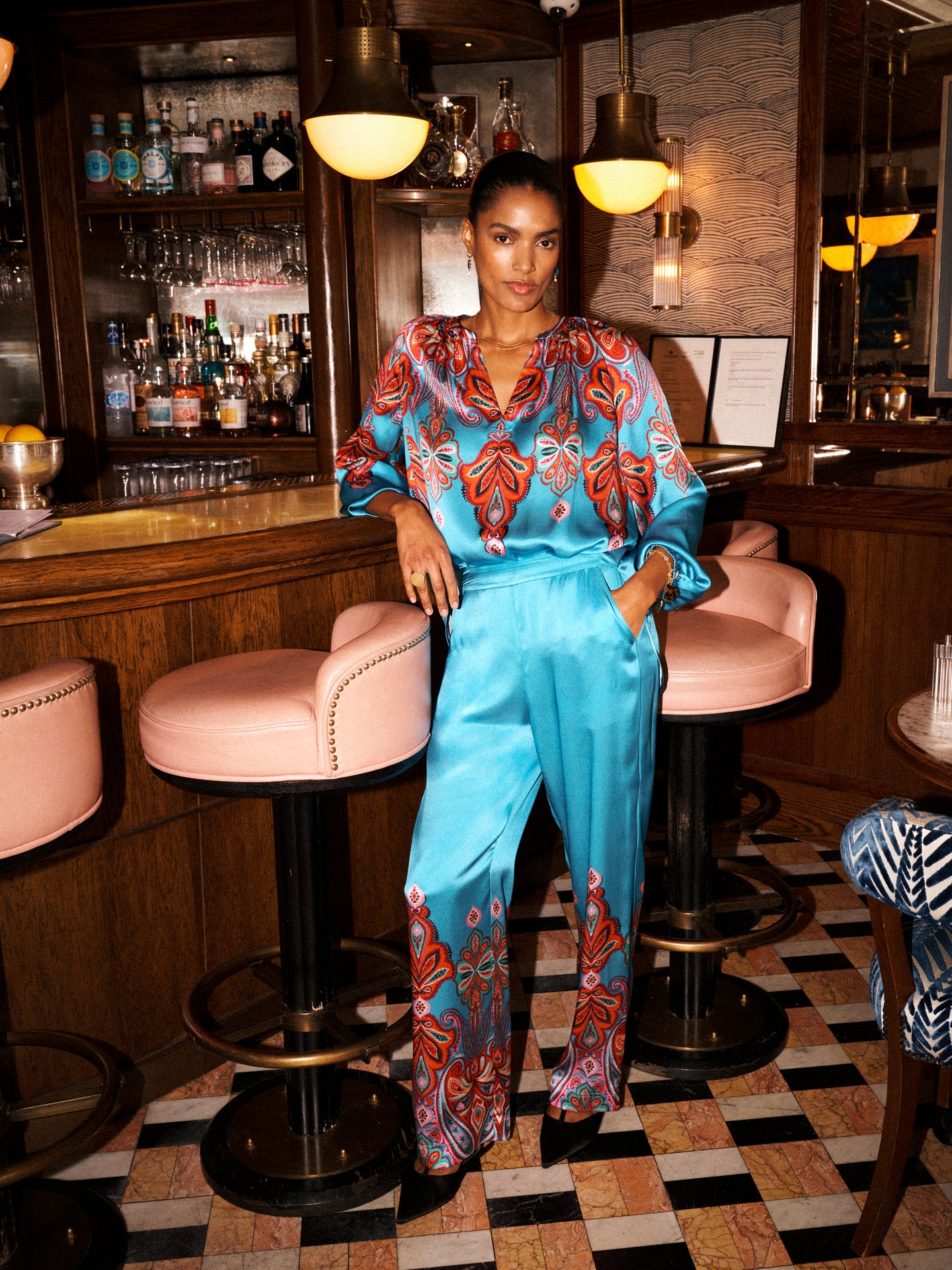 Thea silk satin paisley printed trouser