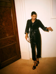 Pip silk blend velvet pinstripe jumpsuit - Black Pinstripe | NRBY Clothing