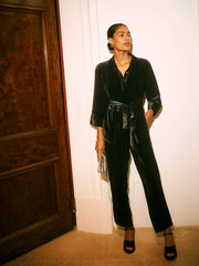 Pip silk blend velvet pinstripe jumpsuit - Black Pinstripe | NRBY Clothing