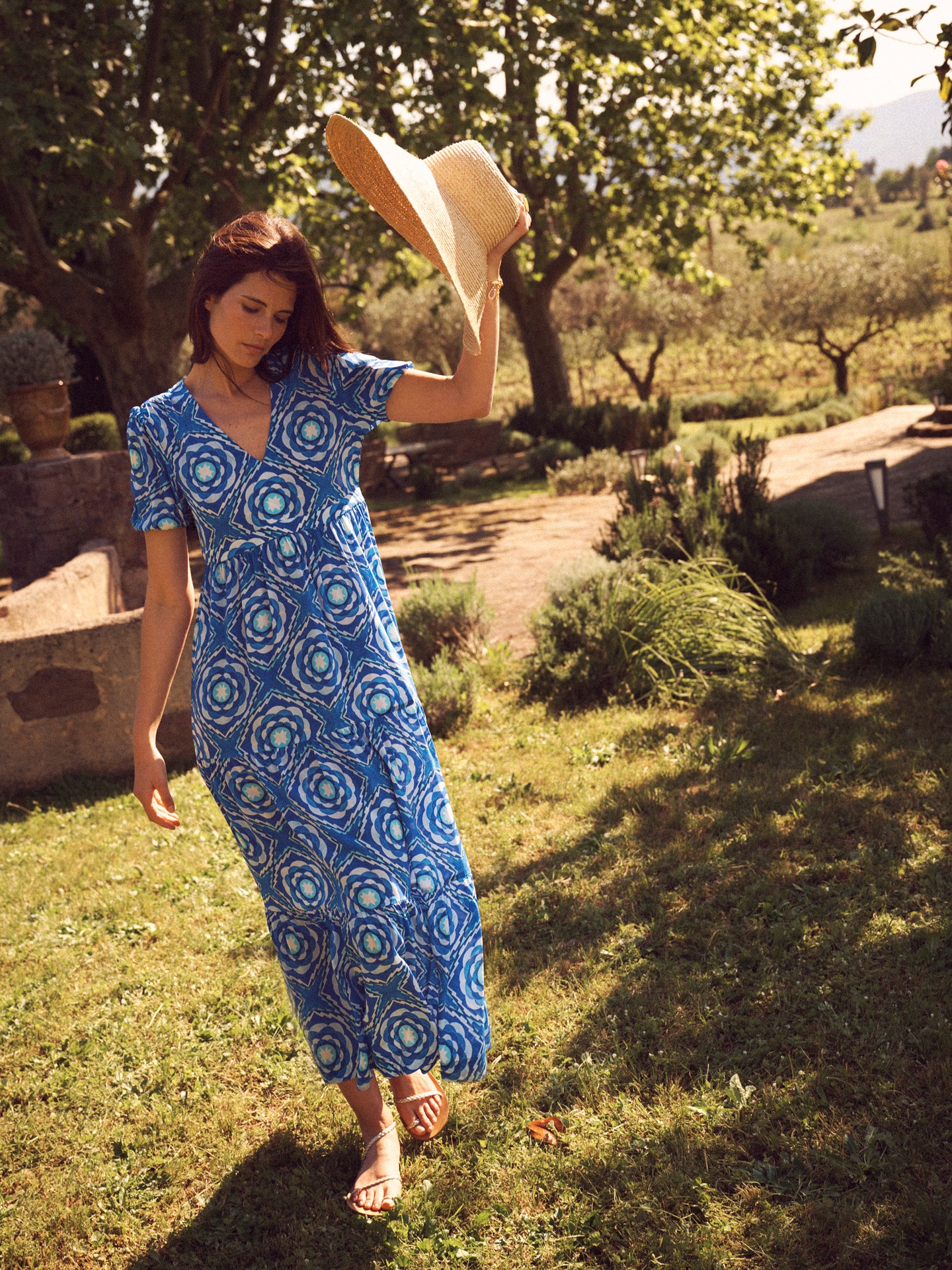 Portia silk tiered tile print maxi dress