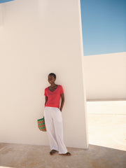 Charlie linen V-neck t-shirt - Geranium | NRBY Clothing
