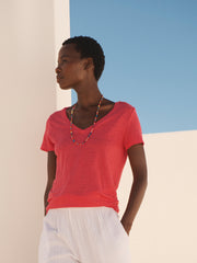 Charlie linen V-neck t-shirt - Geranium | NRBY Clothing