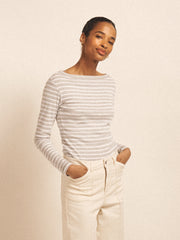 Billie cotton stripe boat neck t-shirt - Silver Grey & White