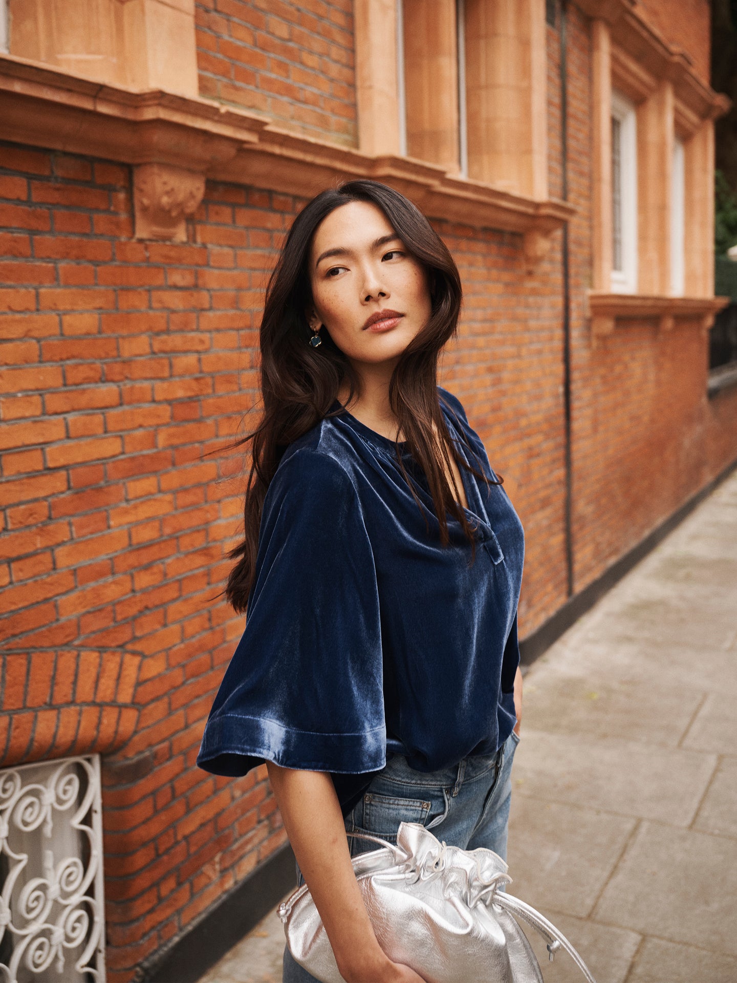 Leena silk blend velvet top - Denim Blue