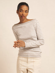 Billie cotton stripe boat neck t-shirt - Silver Grey & White