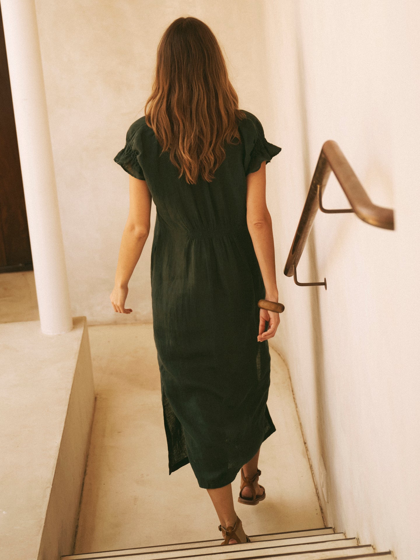 khaki linen dress shirt linen and kapok with a subtle fleck structure Whistles Ariella Linen Blend Midi