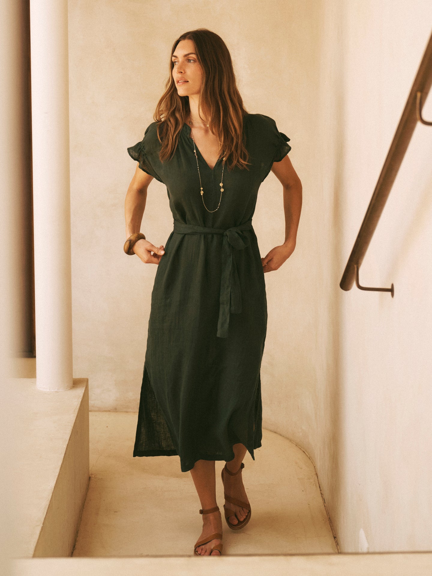 Sasha Gauze Linen Dress in Khaki Green