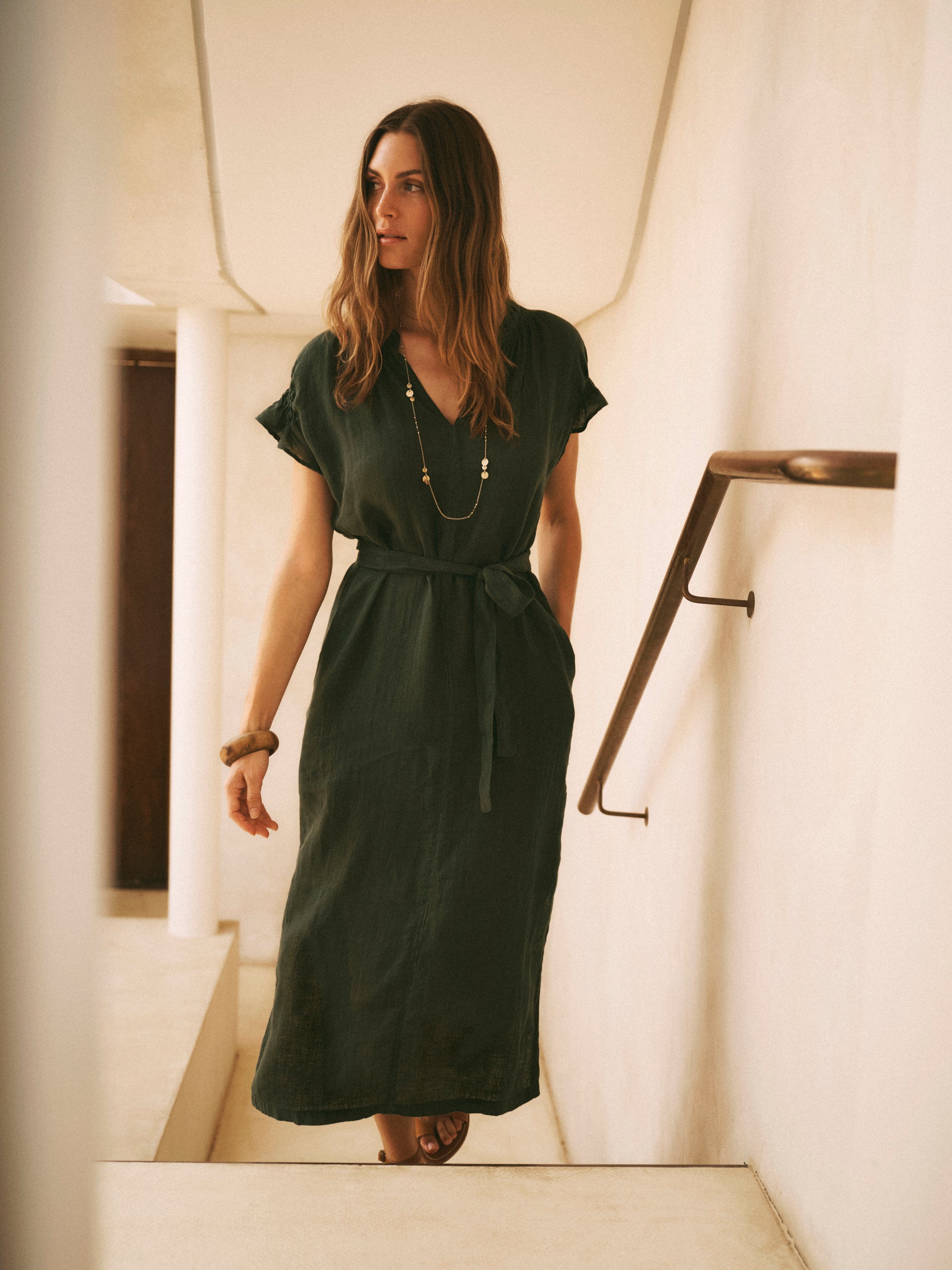 Sasha Gauze Linen Dress in Khaki Green | NRBY Clothing