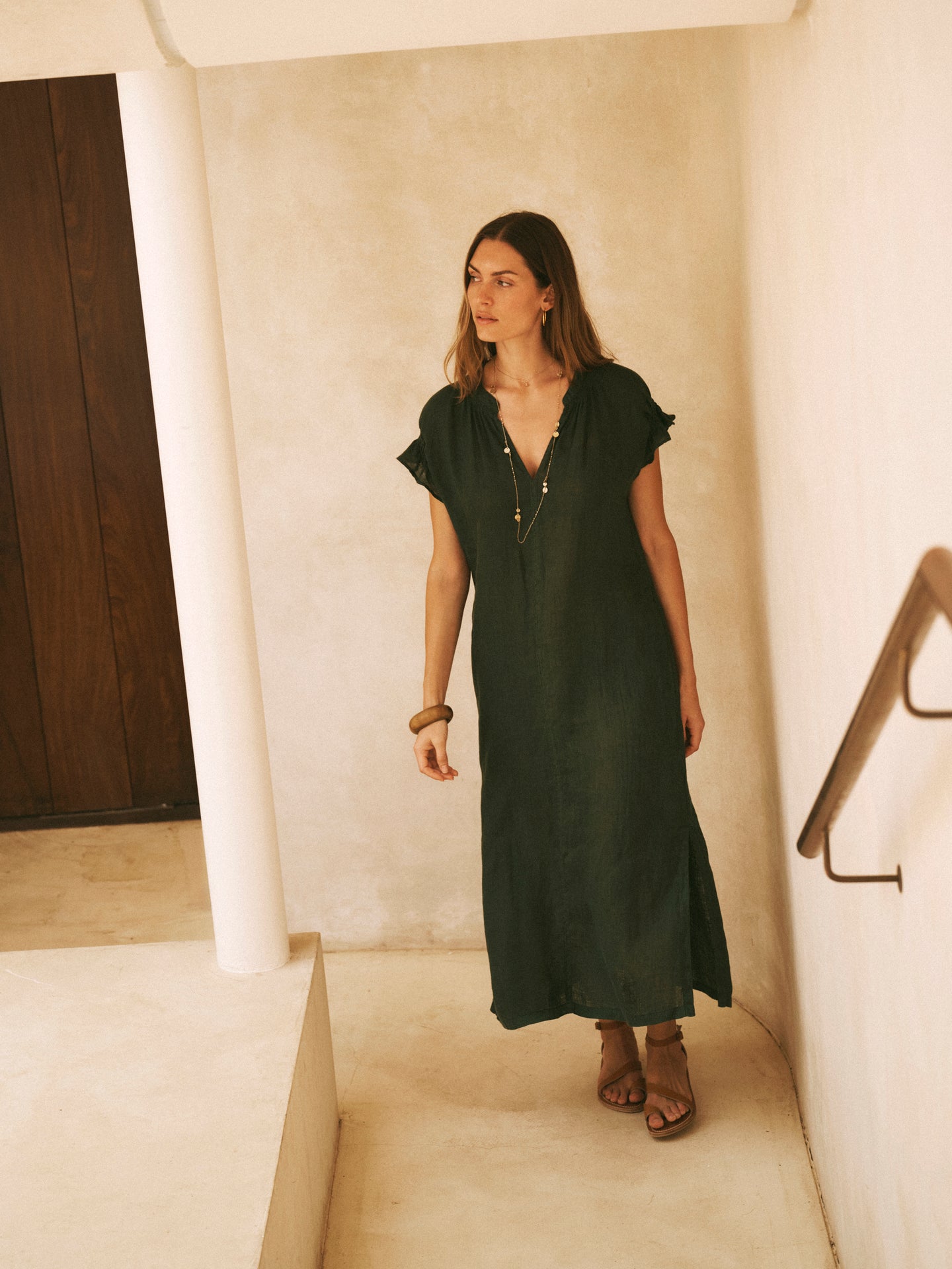 Sasha Gauze Linen Dress in Khaki Green