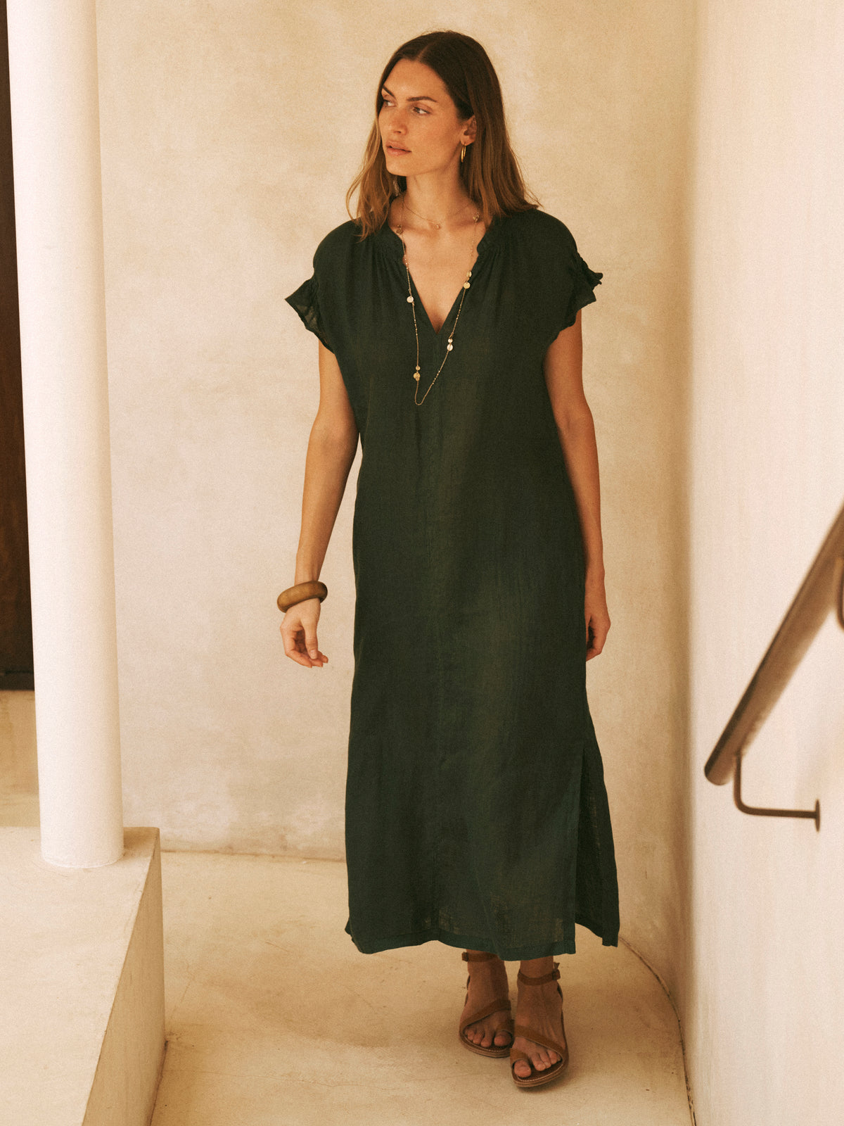 Sasha Gauze Linen Dress in Khaki Green