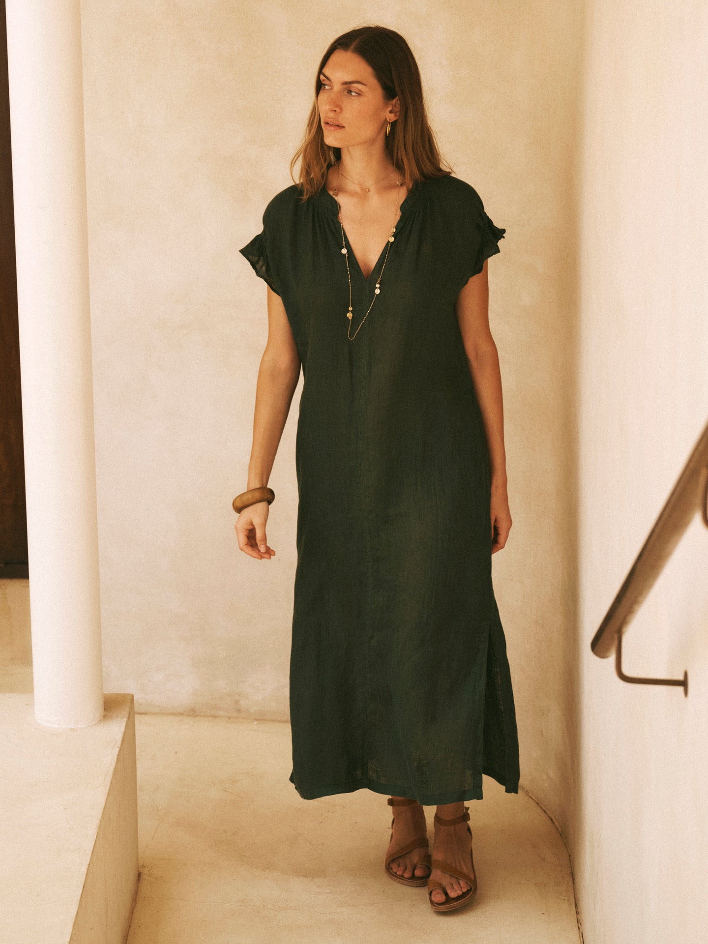 Sasha Gauze Linen Dress in Khaki Green