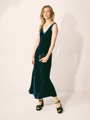 Shebah silk blend velvet v neck bias cut dress - Midnight | NRBY Clothing