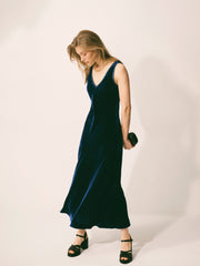 Shebah silk blend velvet v neck bias cut dress - Midnight | NRBY Clothing