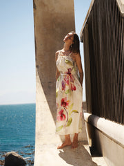 Sheena Silk Orchid Print Maxi Dress - Oyster