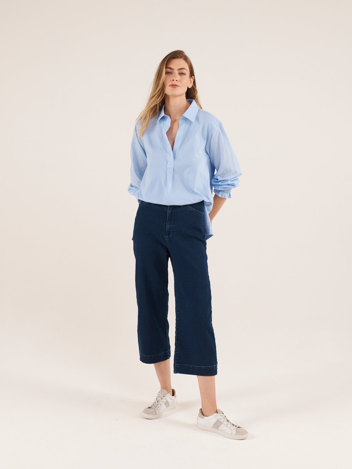Aria jersey and cotton shirred cuff shirt