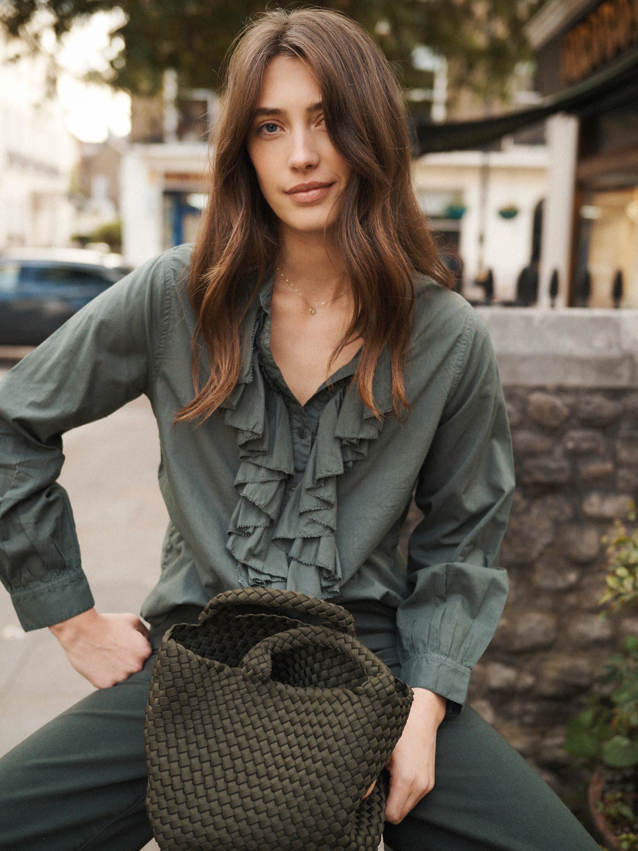 トップス COTTON BROAD ASYMMETRICAL FRILL SHIRT Suzie cotton frill shirt in Khaki | NRBY Clothing