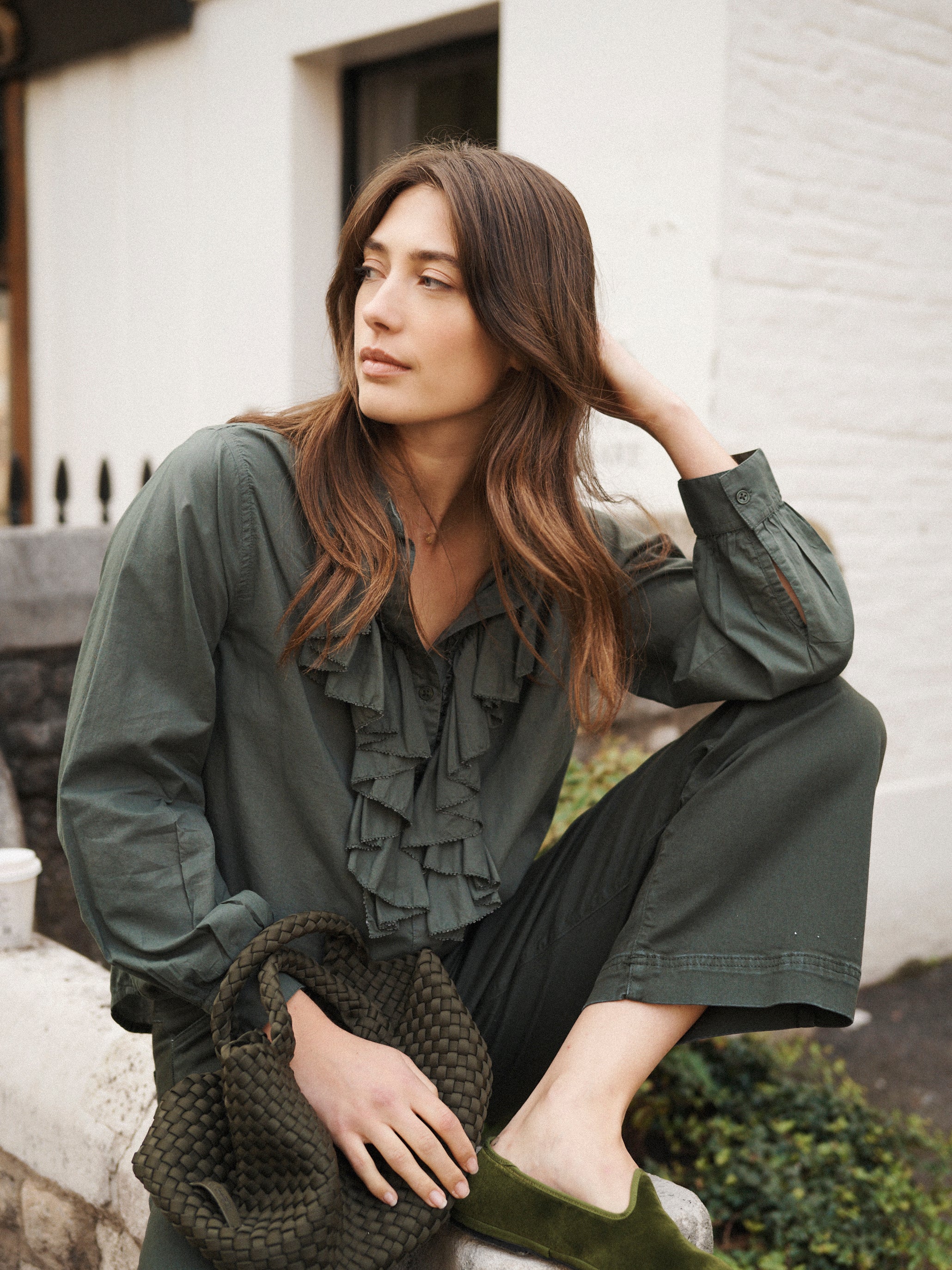Suzie cotton frill shirt in Khaki | NRBY Clothing
