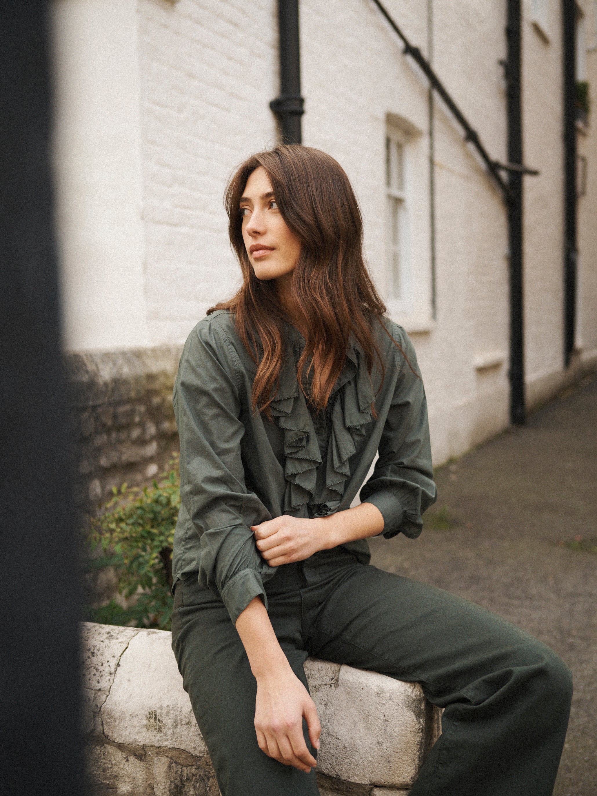 Suzie cotton frill shirt in Khaki | NRBY Clothing