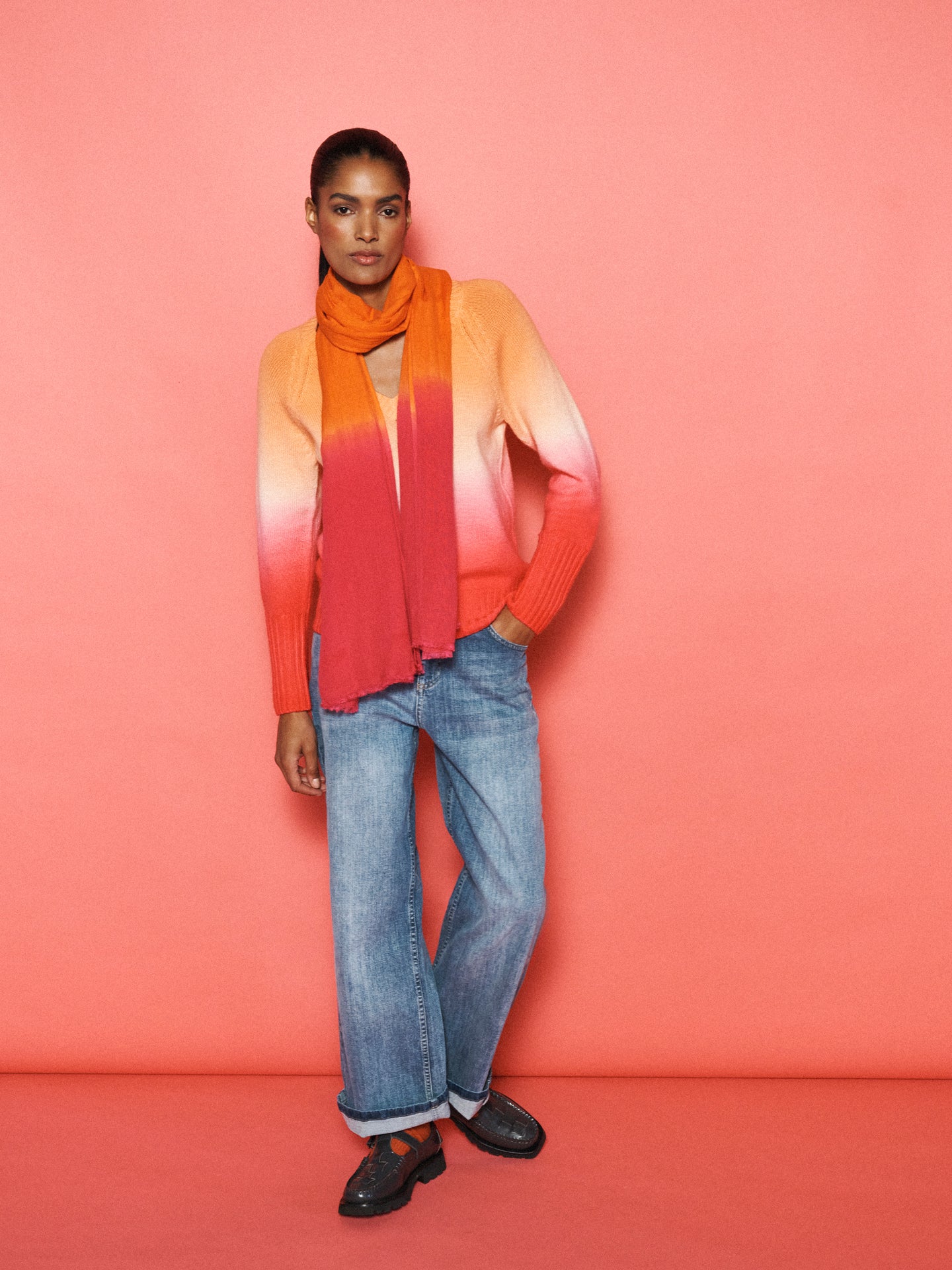 Sunset Ombre Cotton Cashmere Blend Scarf - Pink / Orange
