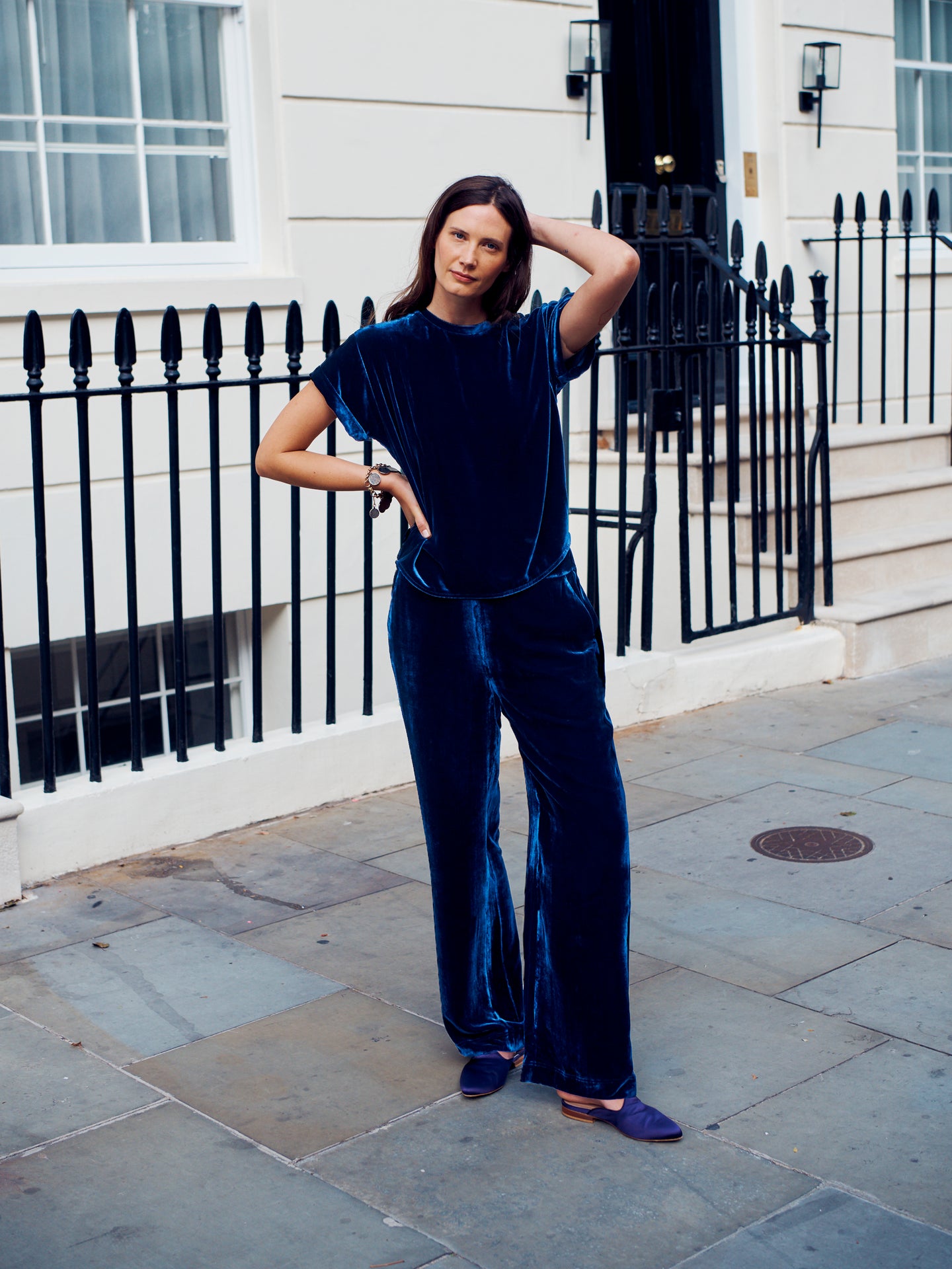 Thea velvet wide leg palazzo trousers in Midnight Blue