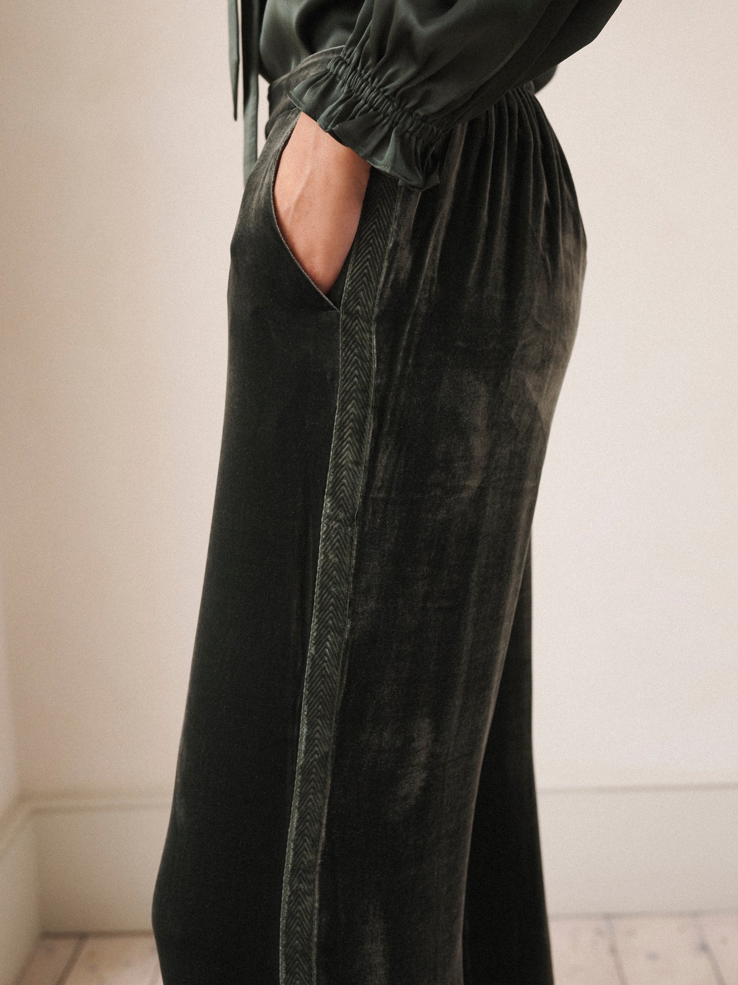 Thea silk blend velvet herringbone side stripe trouser - Khaki