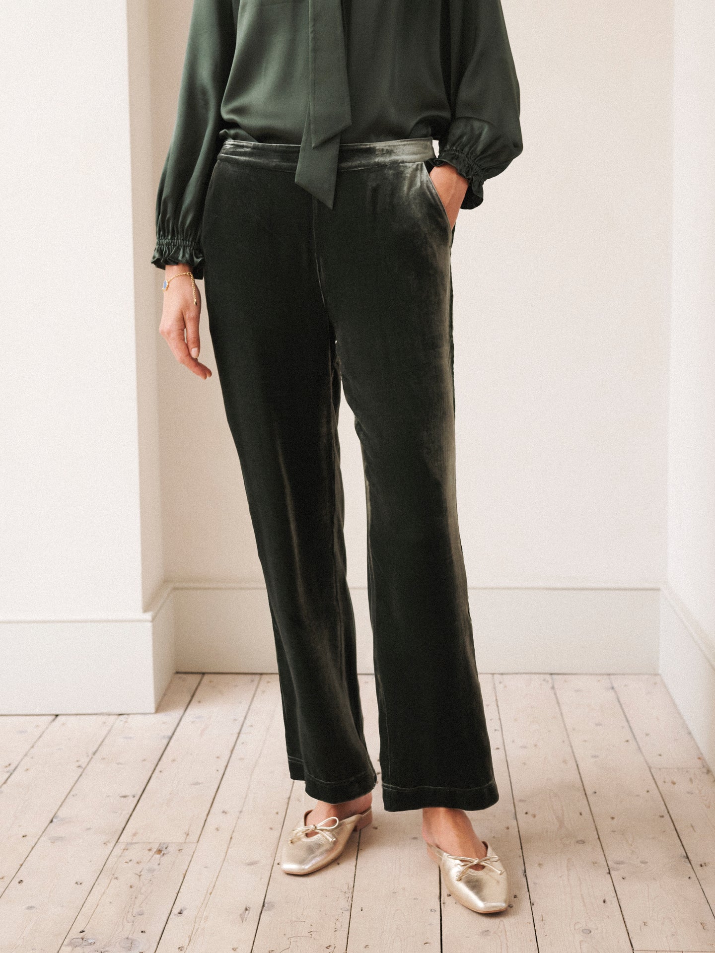 Thea silk blend velvet herringbone side stripe trouser - Khaki