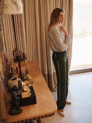 Thea silk piped trouser - Khaki with ivory piping