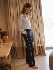 Thea silk piped trouser - Navy with ivory piping