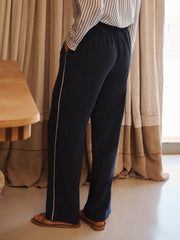 Thea silk piped trouser - Navy with ivory piping