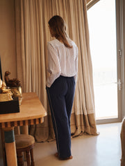 Thea silk piped trouser - Navy with ivory piping