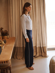 Thea silk piped trouser - Navy with ivory piping