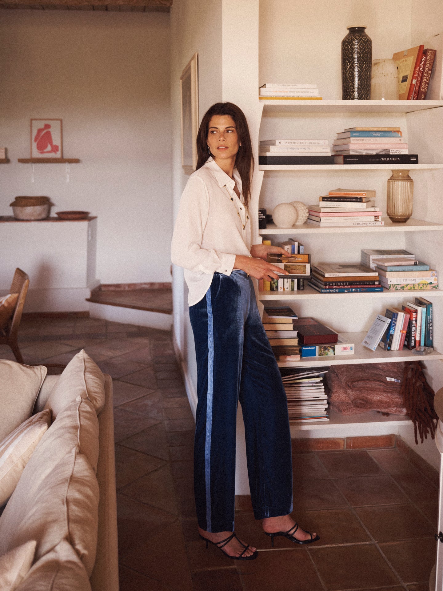 Thea silk blend velvet herringbone side stripe trouser - Denim Blue