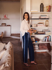 Thea silk blend velvet herringbone side stripe trouser - Denim Blue