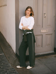 Thea silk piped trouser - Khaki with ivory piping | NRBY Clothing