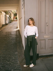 Thea silk piped trouser - Khaki with ivory piping | NRBY Clothing