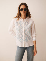 Therese linen cotton broderie shirt - White / Crystal Blue | NRBY Clothing