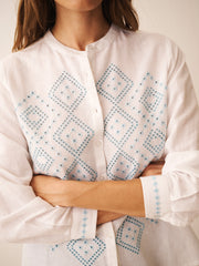 Therese Linen Cotton Broderie Shirt - White With Blue Crystal | NRBY Clothing