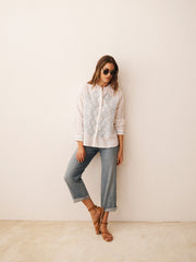 Therese linen cotton broderie shirt - White / Crystal Blue | NRBY Clothing