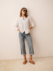 Therese linen cotton broderie shirt - White / Crystal Blue | NRBY Clothing