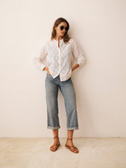 Therese Linen Cotton Broderie Shirt - White With Blue Crystal | NRBY Clothing