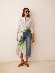 Therese linen cotton broderie shirt - White / Crystal Blue | NRBY Clothing